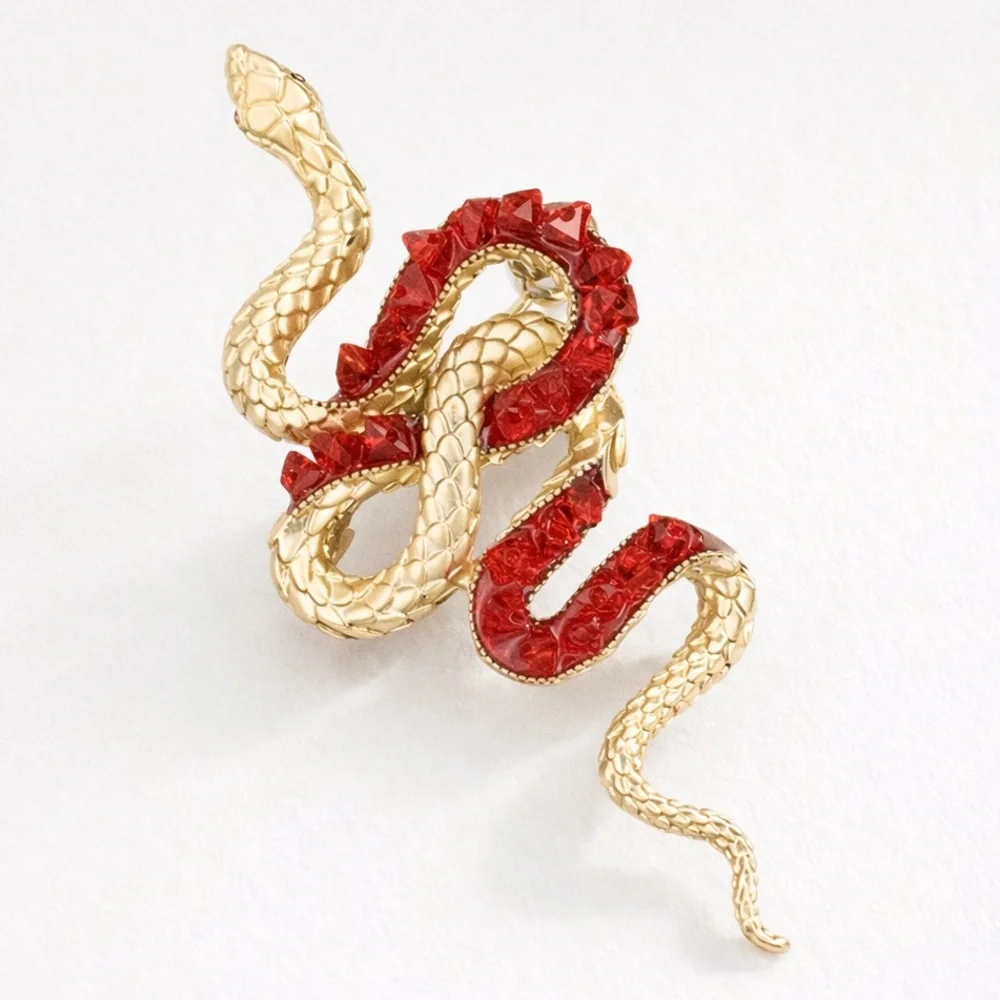Red Crystal Snake Brooch – Gold-Tone Serpent Statement Pin